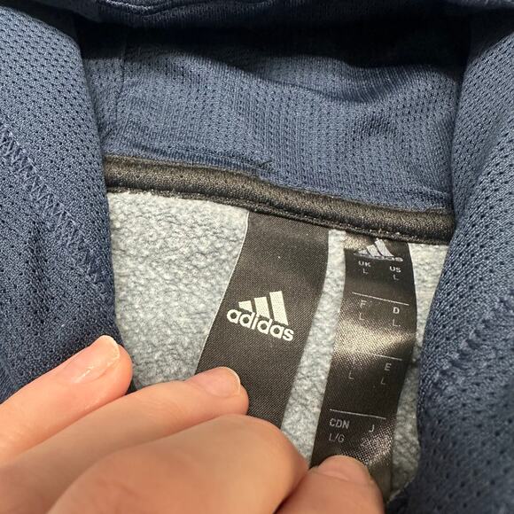 Adidas Mens Gray Two Toned Navy Blue Gray Men L 3-Stripes Logo Sweatshirt Hoodie - Picture 3 of 9